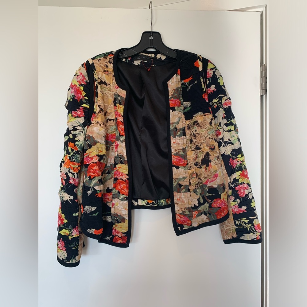 Zara Floral Patchwork Black Multicolor Blazer Jacket - Picture 5 of 9